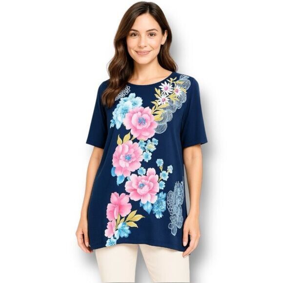 Chico’s 1 (M) Navy Blue Floral Print Tunic Top Short Sleeve Boho Resort Casual - Picture 1 of 13